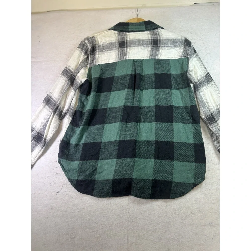 American Eagle Patchwork Plaid Flannel Shirt Long Sleeve Button Up Small Blue/Gr